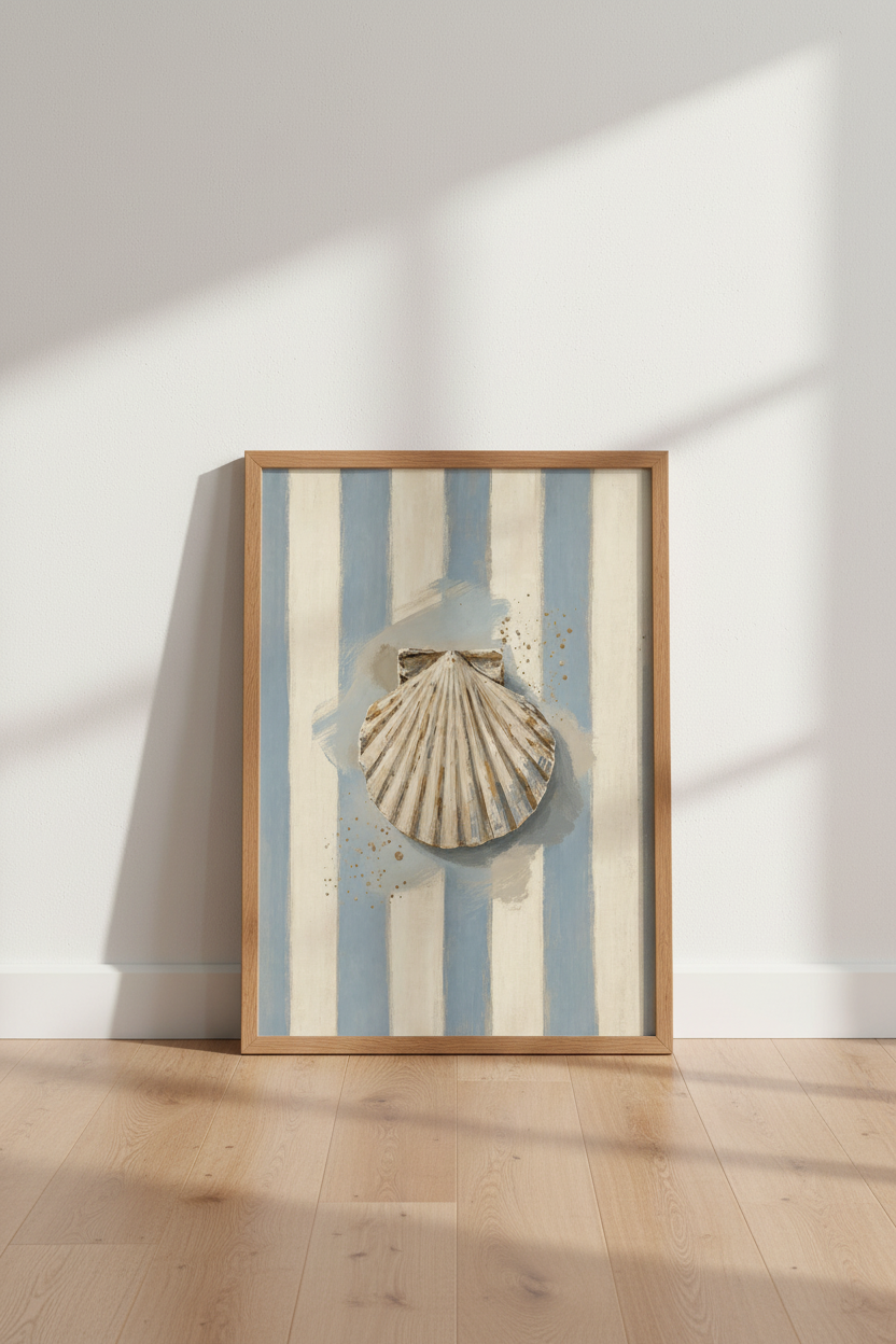 Scallop Shell | Coastal Blue & Cream Striped, Beach House Bathroom Wall Art