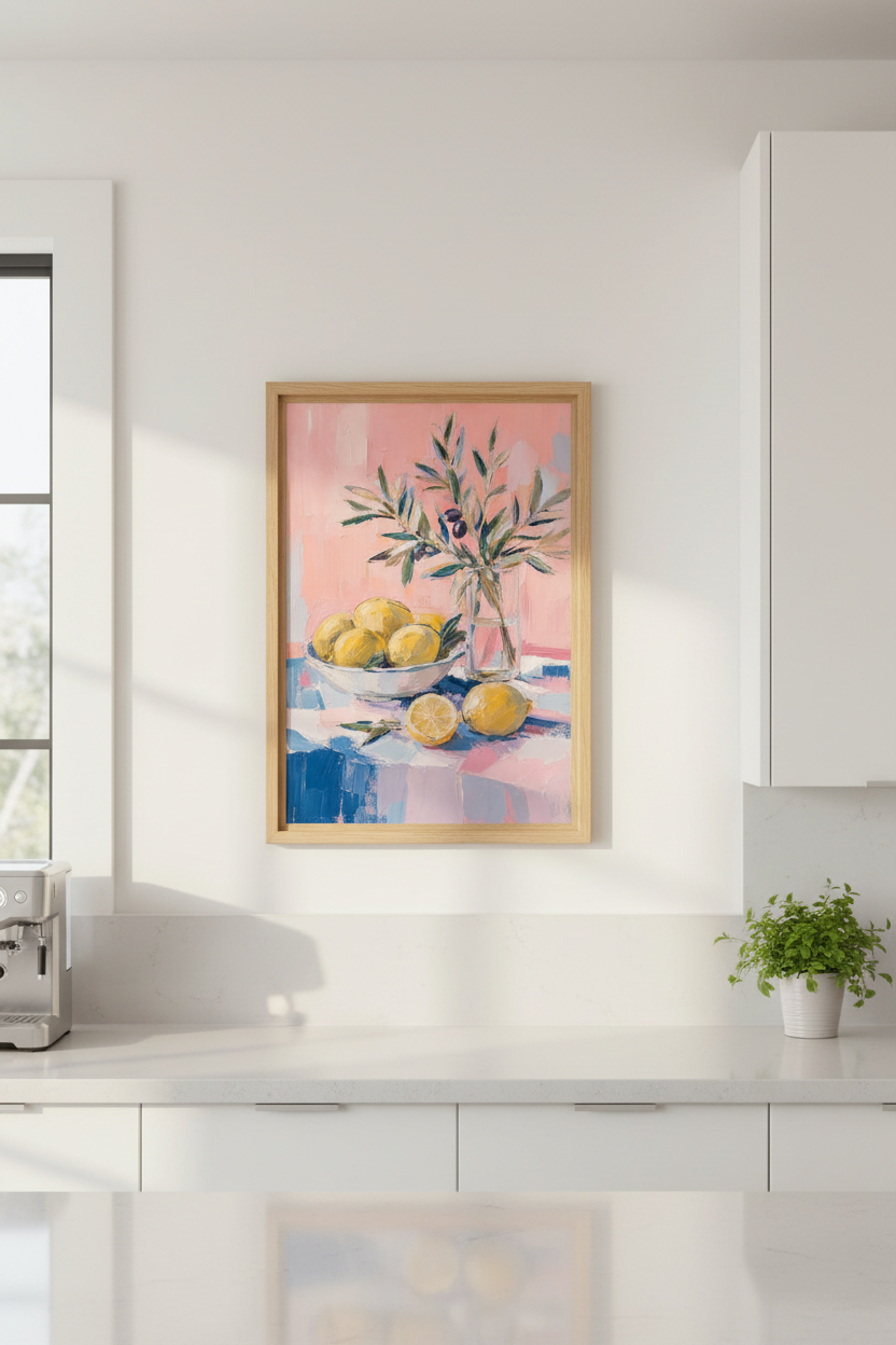 Citrus Fruit Wall Art | Lemon & Olive Oil Painting, Pink Kitchen Decor Poster