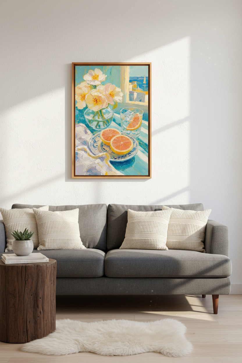 Grapefruit & Peonies Oil Painting | Coastal Summer Decor, Kitchen Wall Art