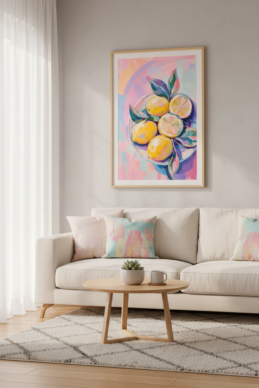 Pastel Lemon Wall Art Print | Colorful Kitchen Decor | Summer Fruit Poster