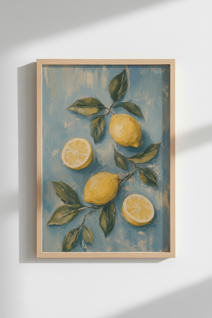 Lemon Oil Painting Print | Mediterranean Citrus Kitchen Art, Blue Background Poster