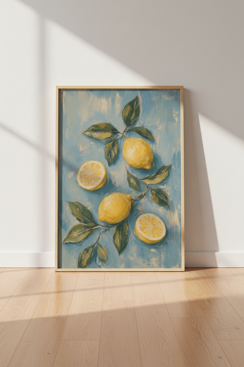 Lemon Oil Painting Print | Mediterranean Citrus Kitchen Art, Blue Background Poster