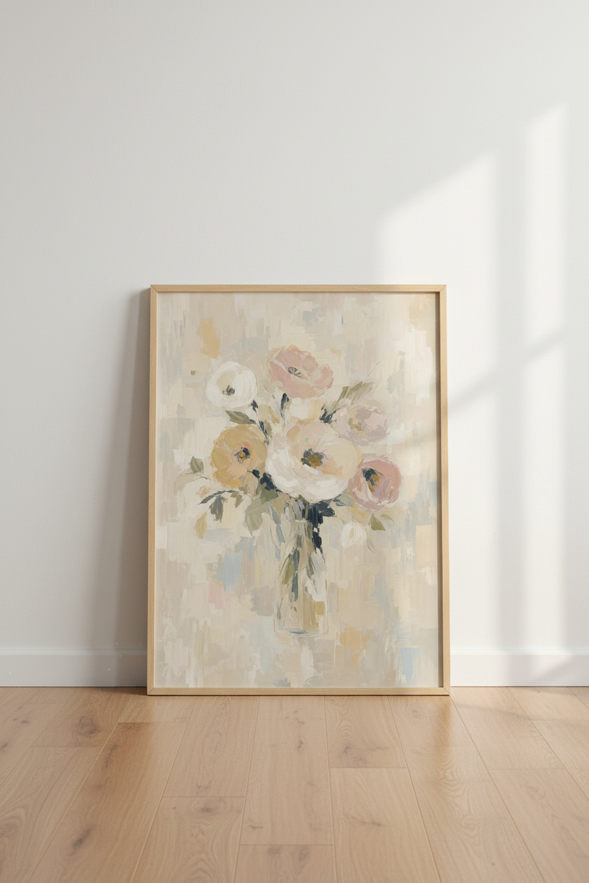 Neutral Floral Wall Art | Abstract Flower Oil Painting, Muted Pink Cream Decor