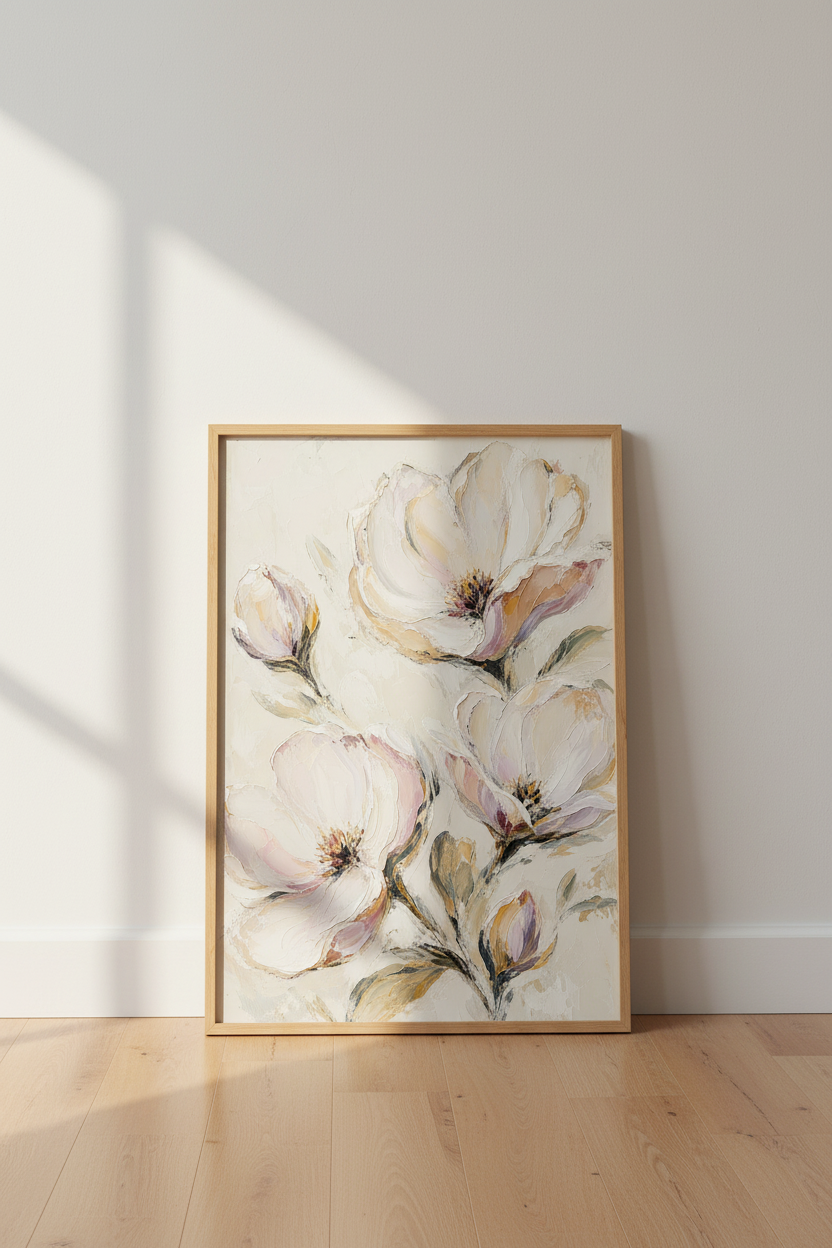 Impasto Floral Wall Art Print | Ornate Textured Flower Decor | Elegant Magnolia Poster