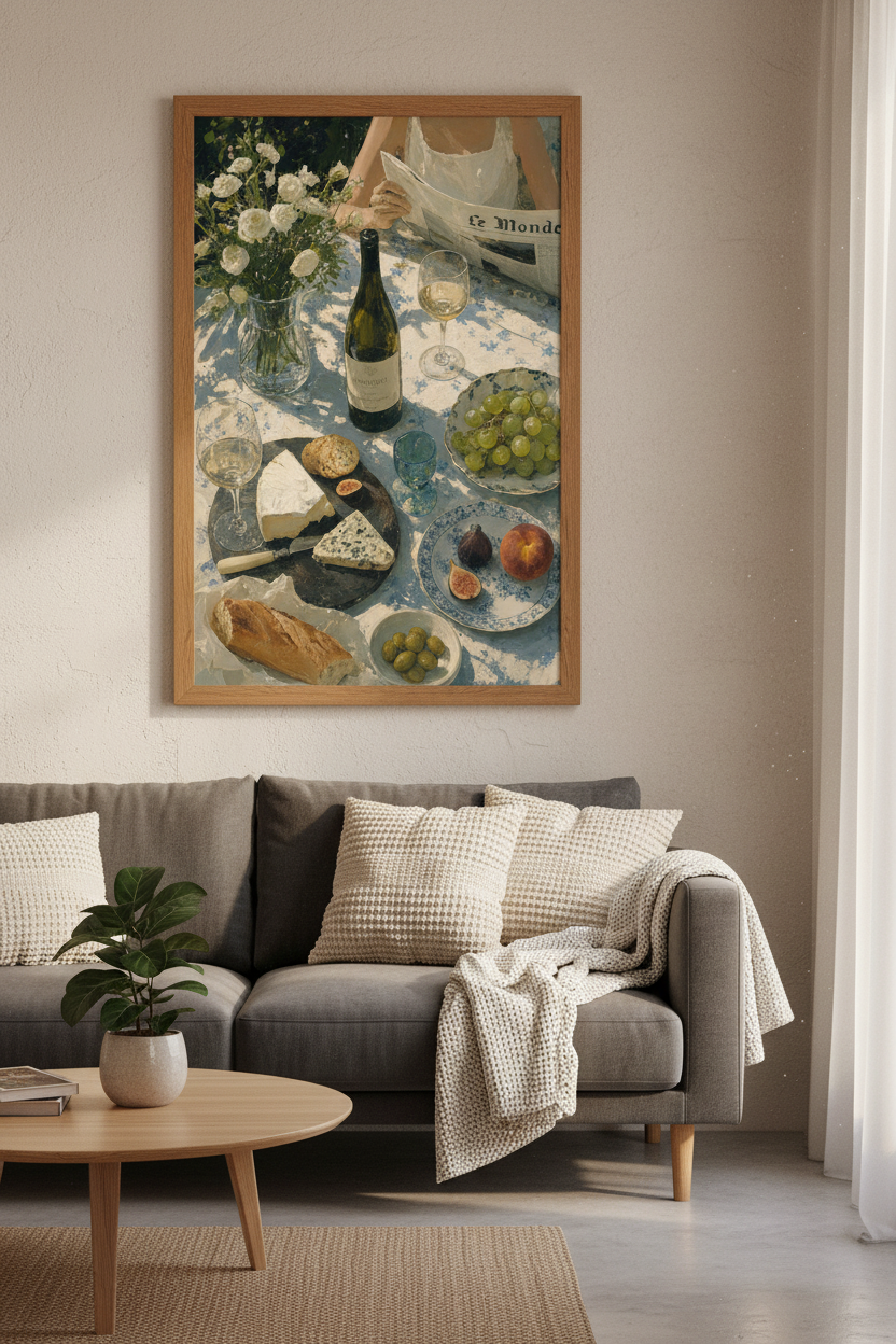 French Picnic Still Life Wall Art | Wine & Cheese Poster | Impressionist Kitchen Decor
