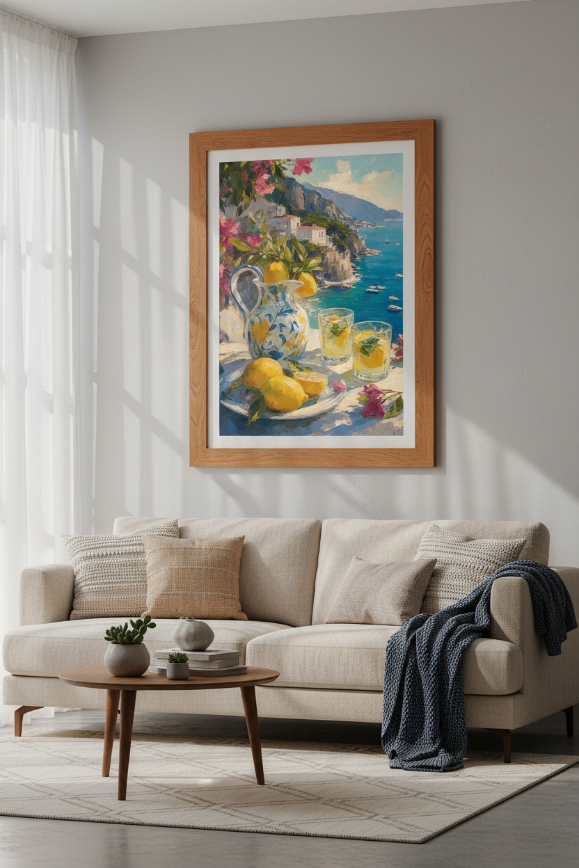 Amalfi Coast Lemon Wall Art | Mediterranean Oil Painting, Coastal Kitchen Decor