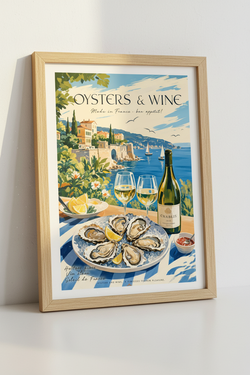 Oysters and Wine Travel Poster | French Coastal Wall Art, Kitchen Decor