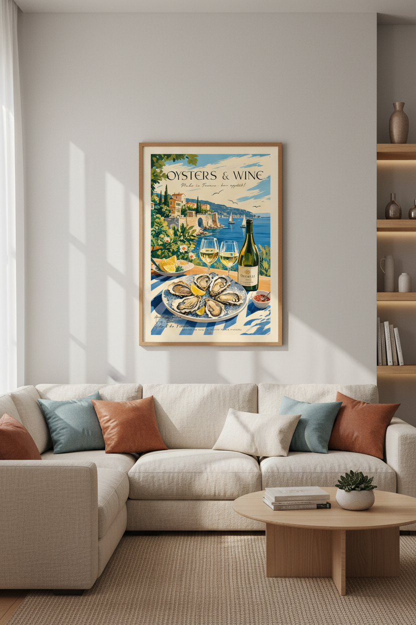 Oysters and Wine Travel Poster | French Coastal Wall Art, Kitchen Decor