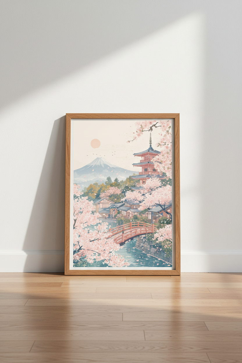 Japanese Cherry Blossom Mount Fuji Print | Zen Landscape Poster | Pastel Asian Wall Art