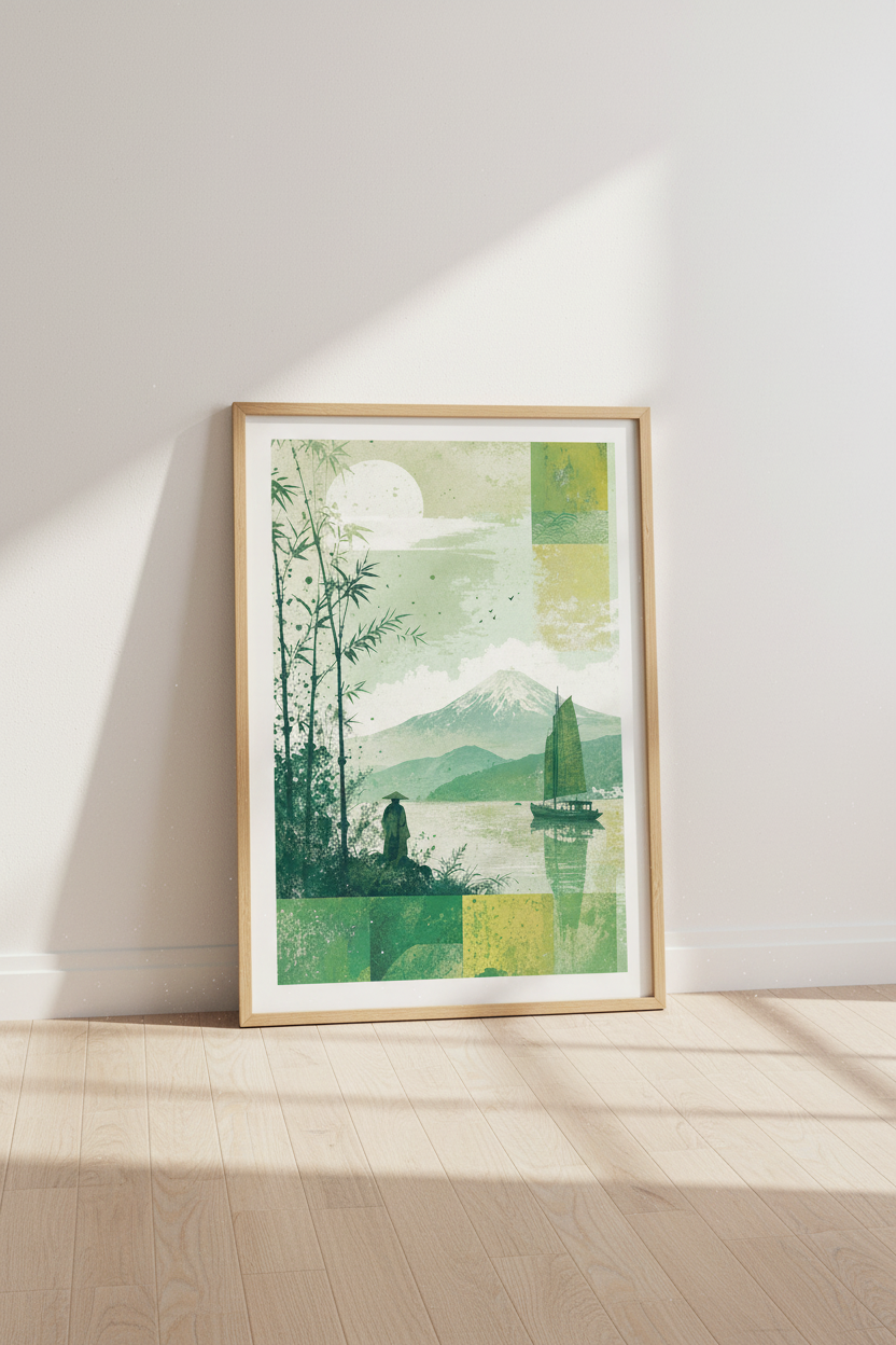 Japanese Mountain Landscape Wall Art | Green Zen Poster, Office Decor Art
