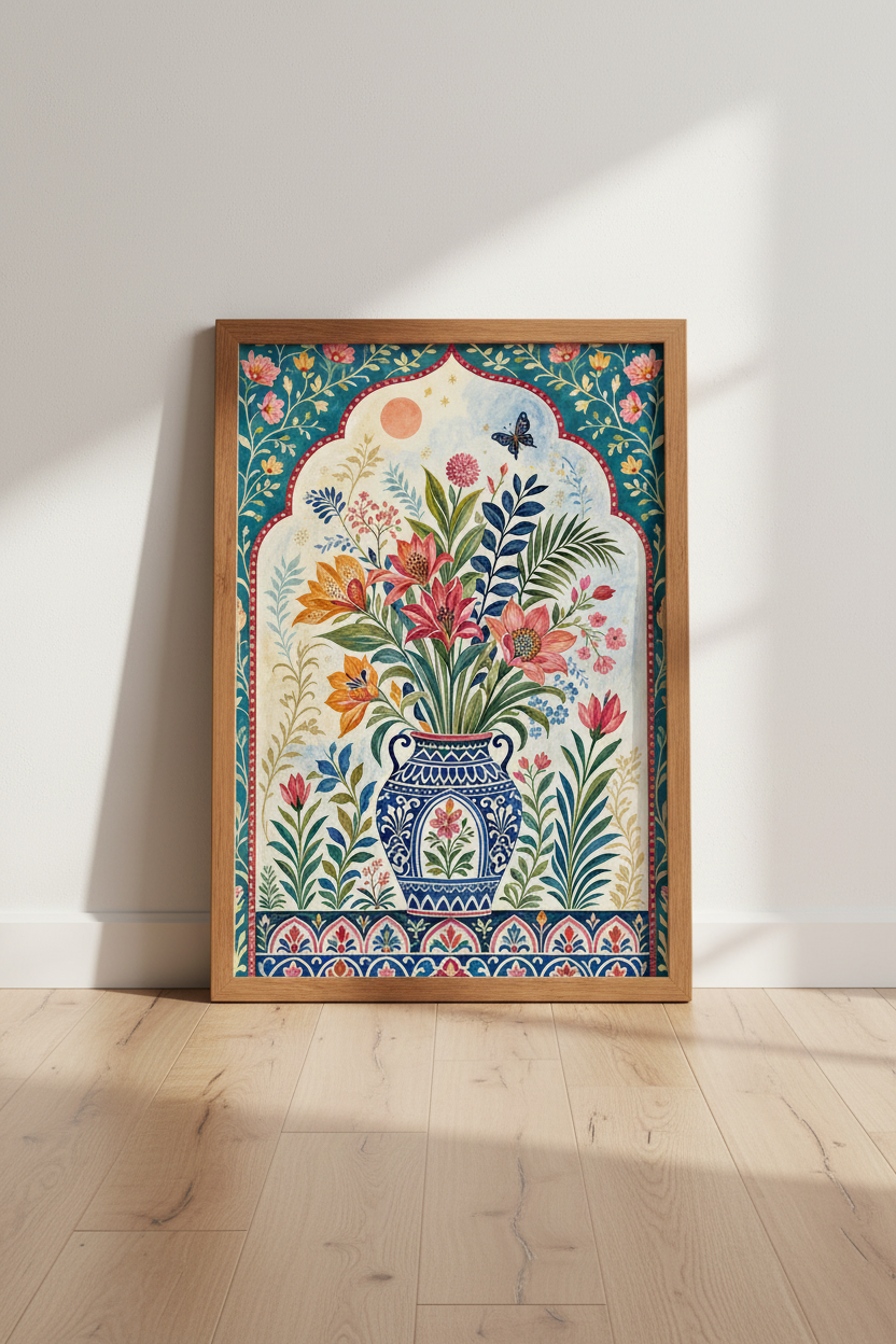 Folk Art Floral Vase Art Print | Boho Botanical Decor | Teal & Coral Poster