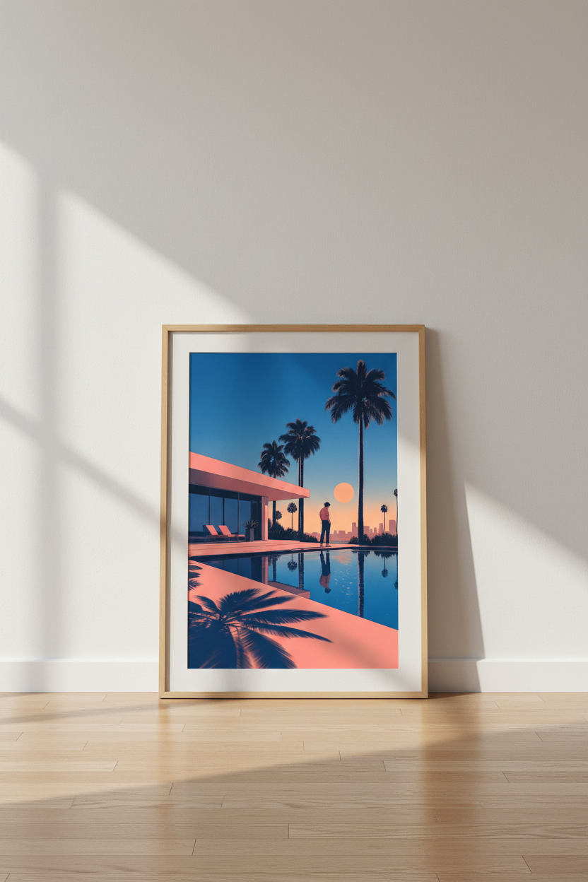 Retro Sunset Pool Wall Art | Blue Coral Poster, Mid Century Modern Decor