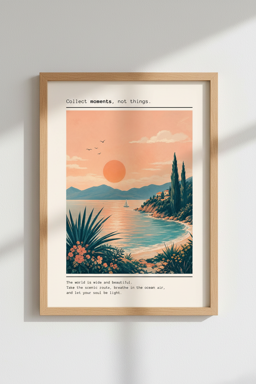 Coastal Landscape Art Print | Mediterranean Sunset Decor | Travel Quote Poster