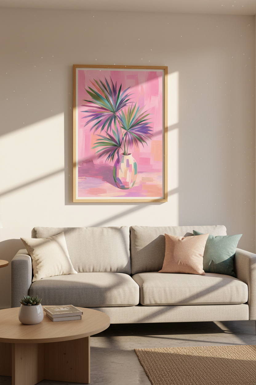 Pink Tropical Wall Art | Palm Leaf Vase Poster, Vibrant Boho Floral Print
