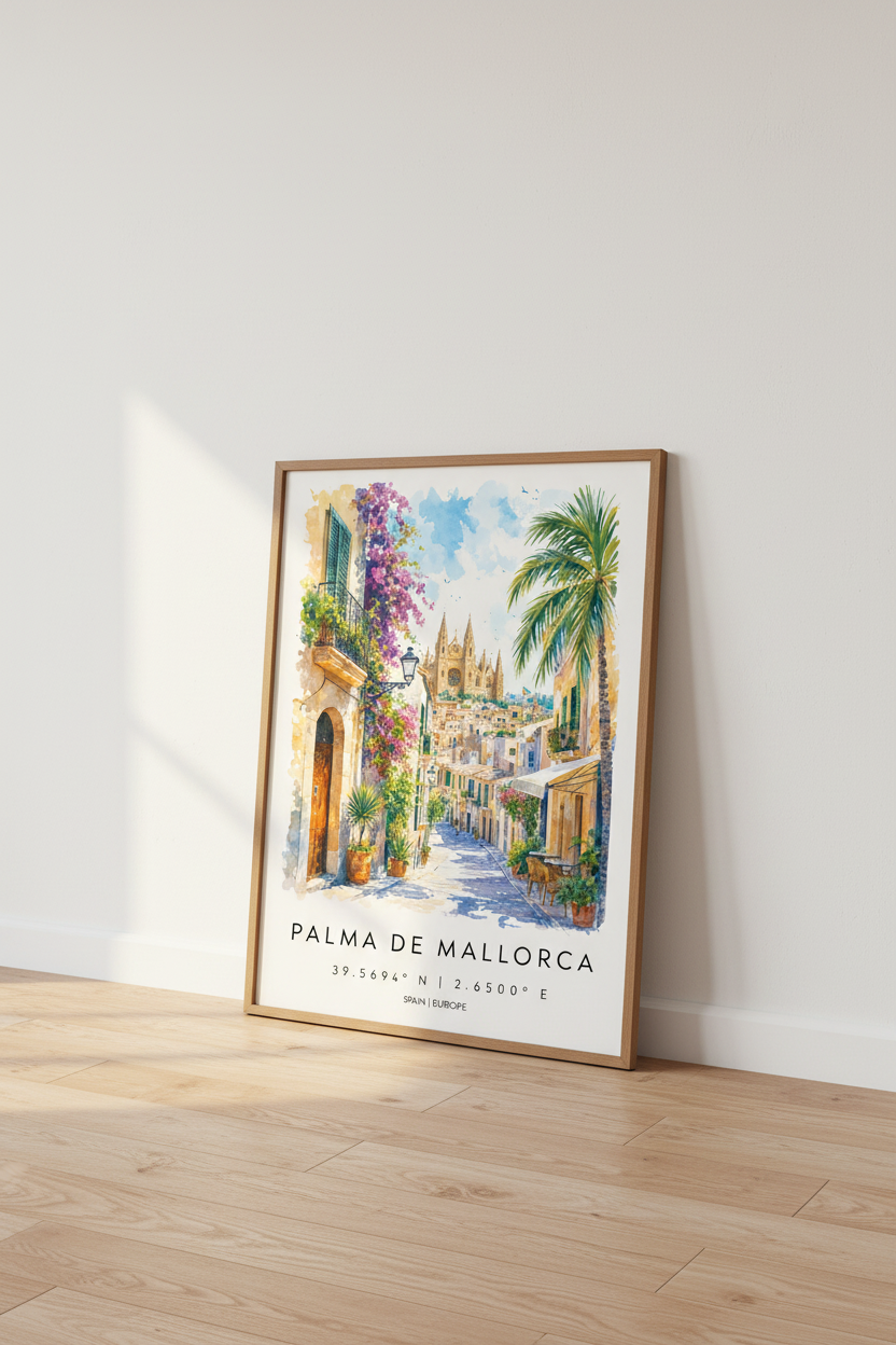 Palma de Mallorca Spain Watercolor Print | Mediterranean Travel Poster | Boho Wall Art