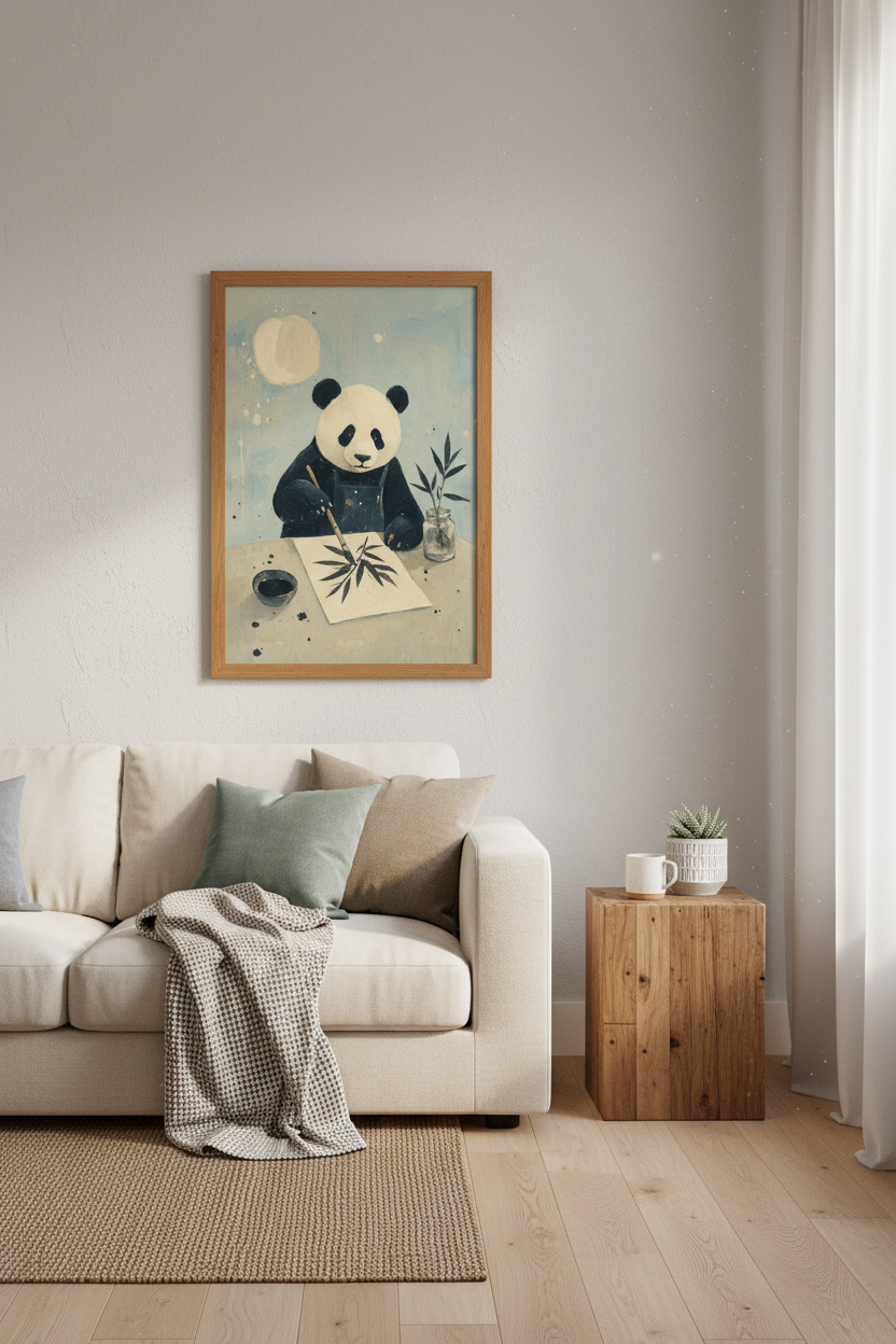 Panda Artist Wall Art Print | Muted Blue Nursery Decor | Whimsical Animal Poster