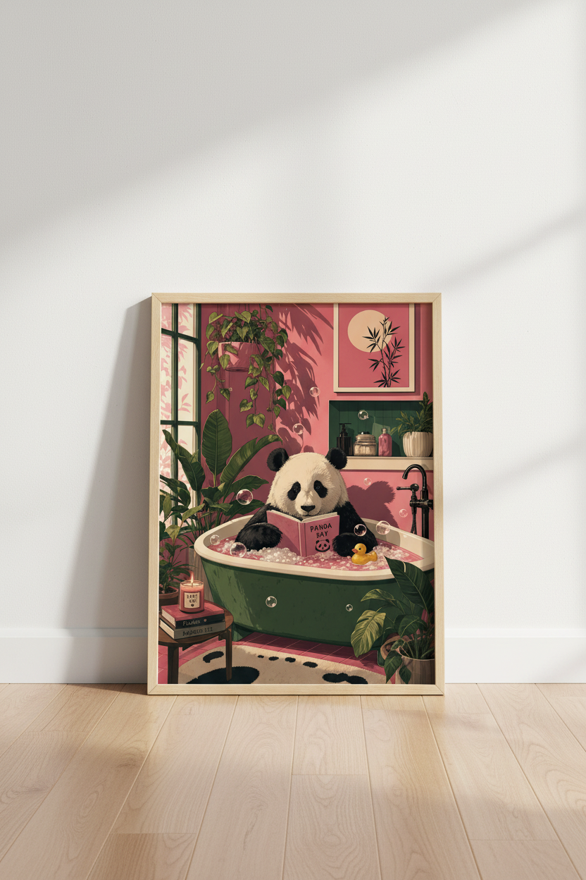 Panda in Bathtub Art Print | Pink Bathroom Decor | Whimsical Animal Poster