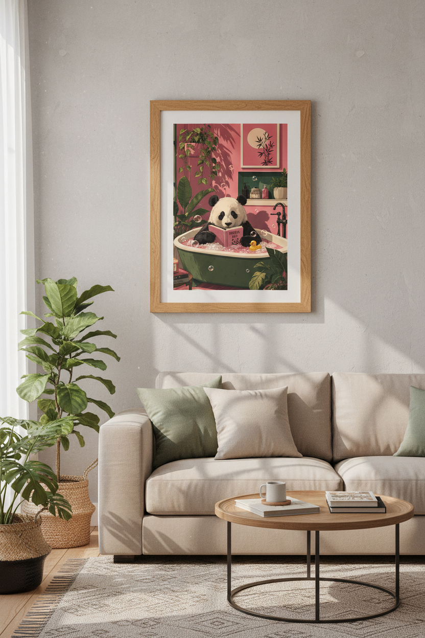 Panda in Bathtub Art Print | Pink Bathroom Decor | Whimsical Animal Poster