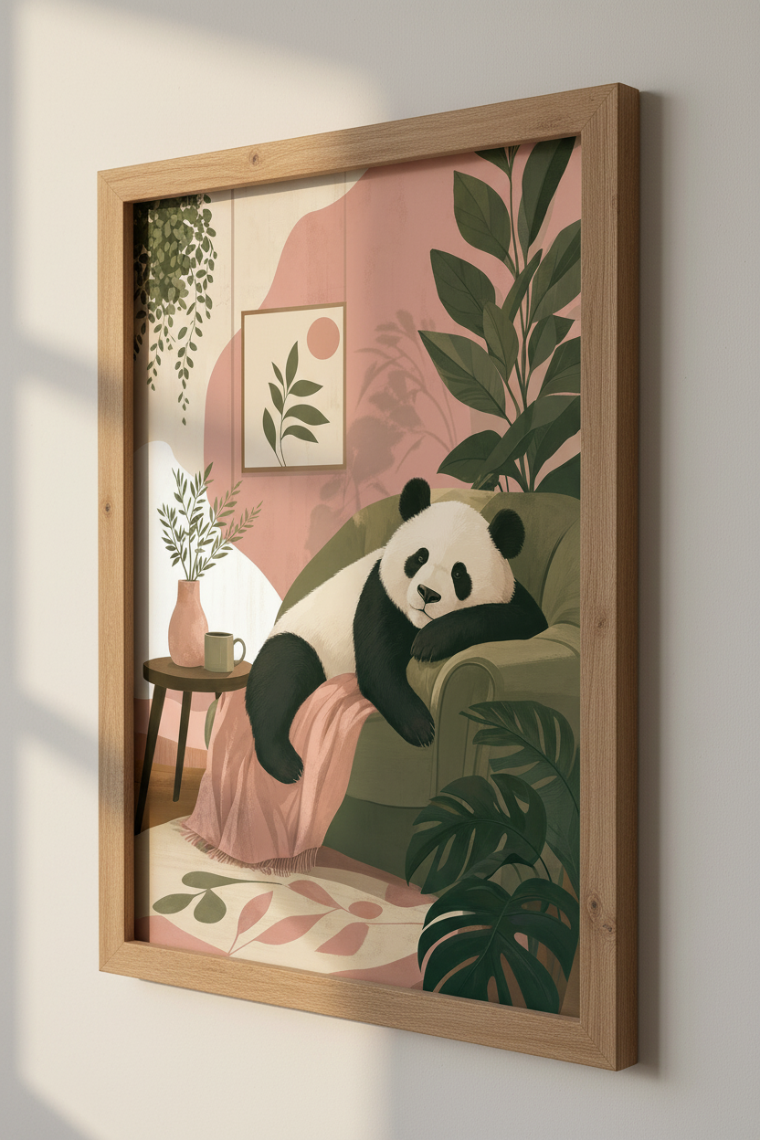 Cozy Panda on Armchair Wall Art | Sage & Blush Botanical Decor | Boho Animal Poster