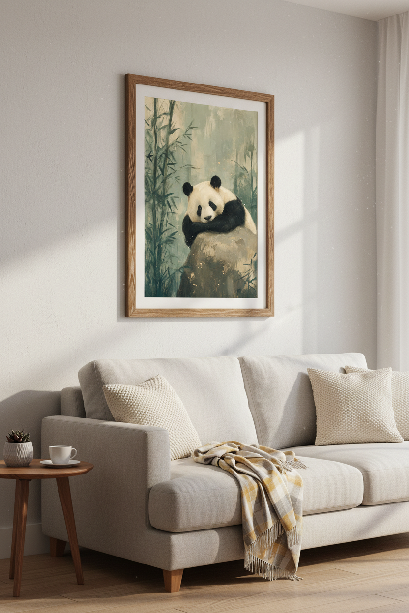 Giant Panda | Oil Painting Style, Sage Green Bamboo Decor | Zen Nursery Poster
