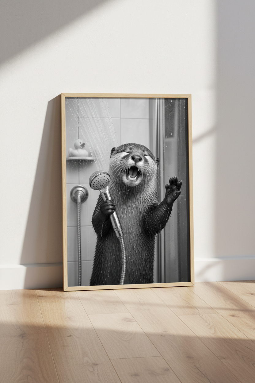 Singing Otter in Shower | Funny Black and White Photography, Bathroom Wall Art