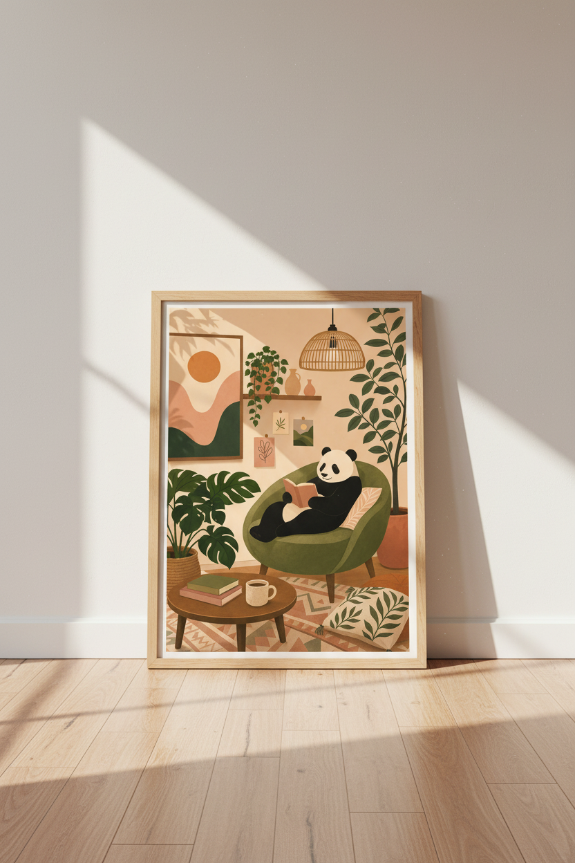 Panda Reading Wall Art | Cozy Earth Tones, Reading Nook Decor | Japandi Poster