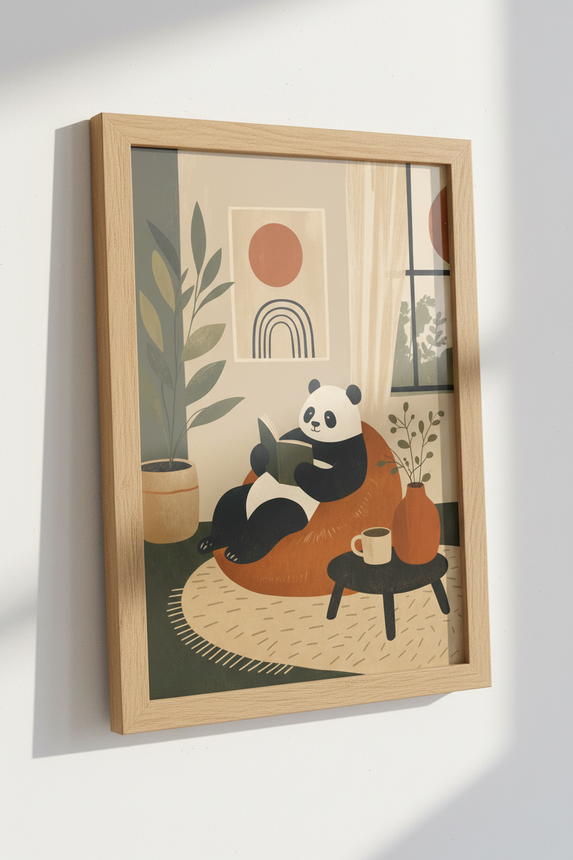 Reading Panda Wall Art | Earthy Boho Mid Century Print, Nursery Decor