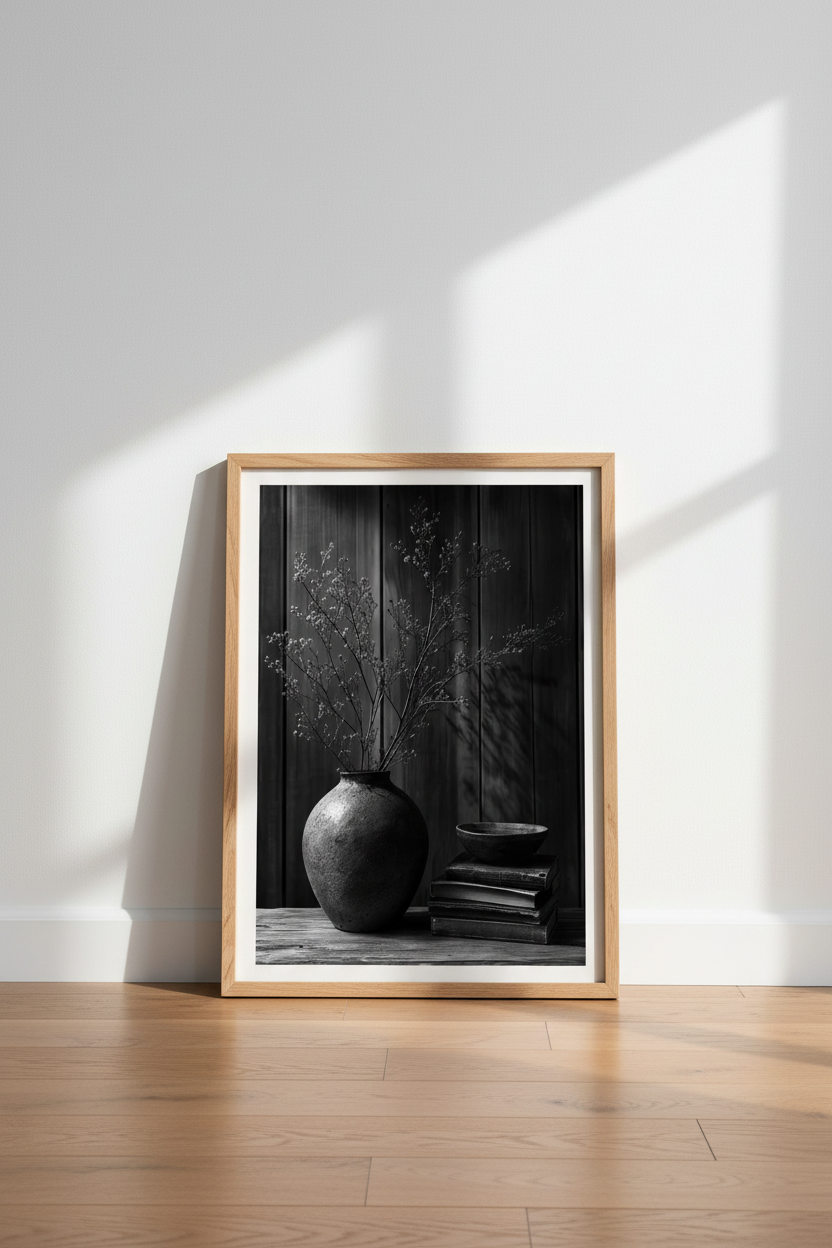 Moody Still Life Art Print | Rustic Black and White Photography | Minimalist Vase Poster