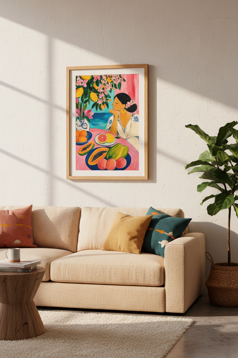 Mediterranean Woman & Fruit Wall Art | Pink Coastal Kitchen Decor | Maximalist Poster
