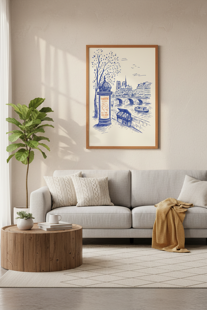 Paris Cityscape Sketch Wall Art | Blue Travel Poster | Parisian Apartment Decor