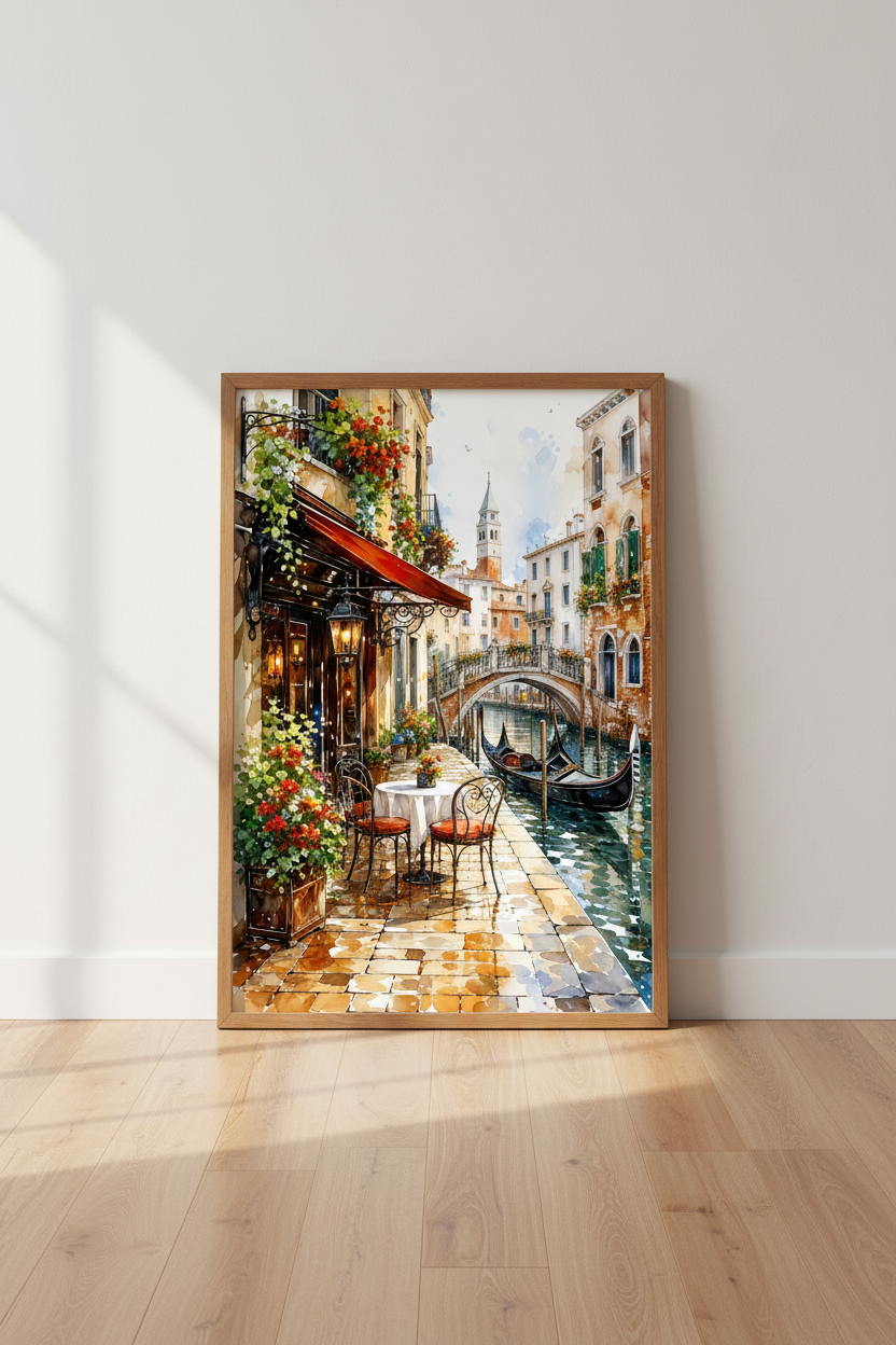Venice Canal Watercolor Wall Art | Italy Cafe Decor | Romantic European Travel Poster