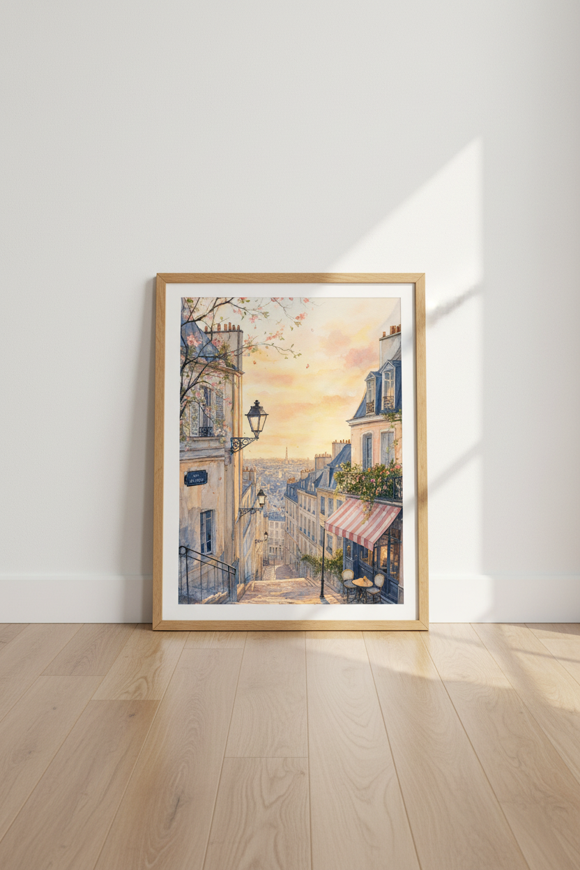 Paris Street Watercolor Art | Pastel Cityscape Poster, Romantic Bedroom Decor
