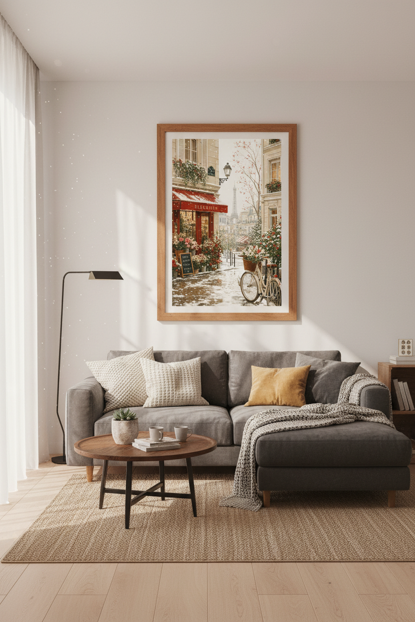 Winter Paris Flower Shop Art | Eiffel Tower Snow Scene, French Country Decor