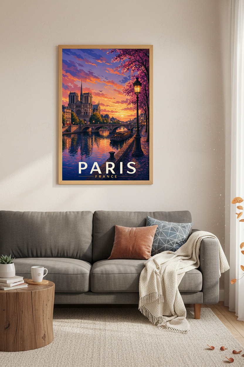 Paris France Wall Art | Sunset Notre Dame Cityscape, Romantic Bedroom Travel Poster