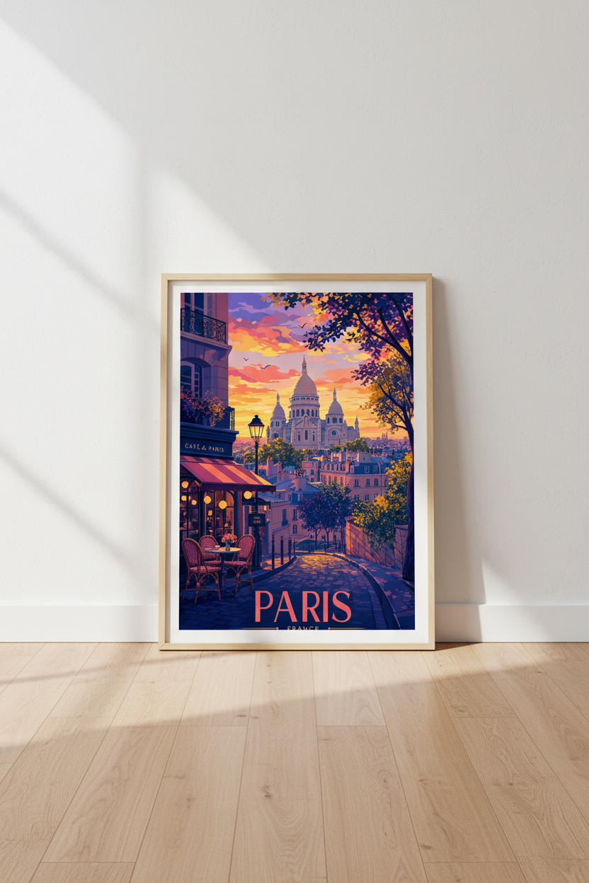 Paris France Wall Art Print | Montmartre Sunset Poster | Colorful Travel Decor