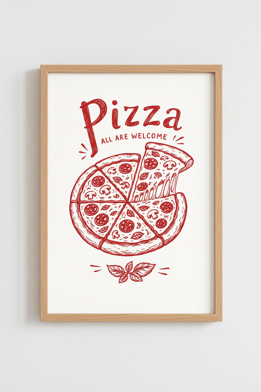 Pizza All Are Welcome Art | Red Kitchen Poster, Restaurant Dining Wall Decor