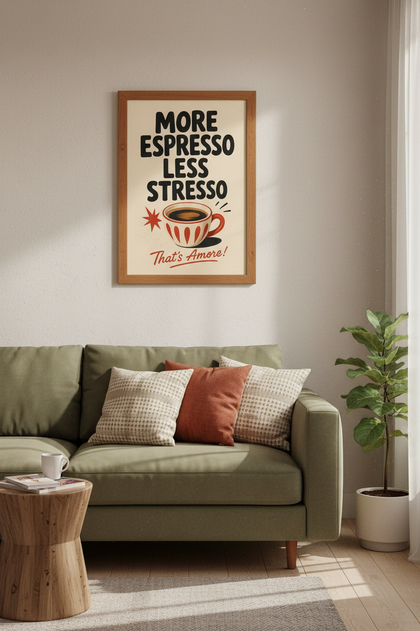More Espresso Less Stresso Wall Art Print | Kitchen Decor | Retro Coffee Poster