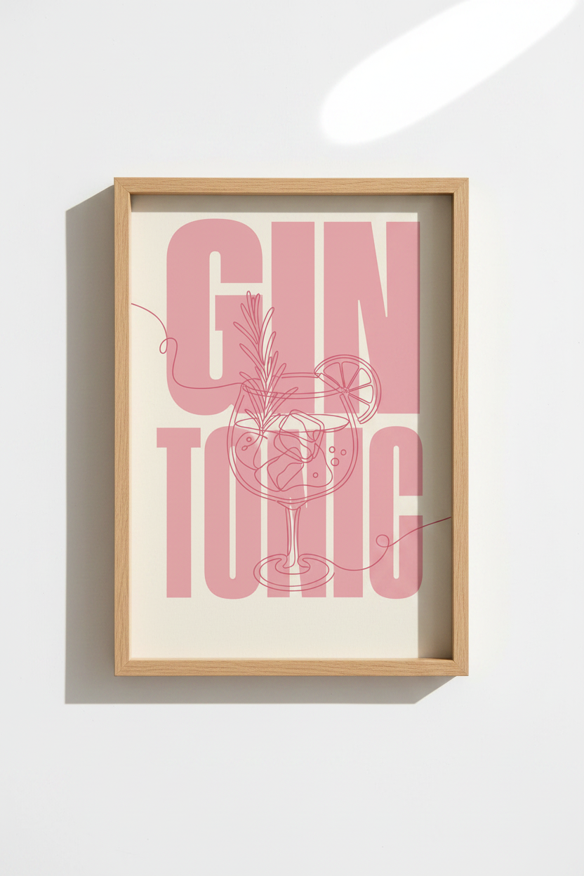 Pink Cocktail Wall Art | Gin & Tonic Poster, Kitchen Decor | Modern Aesthetic Bar Print