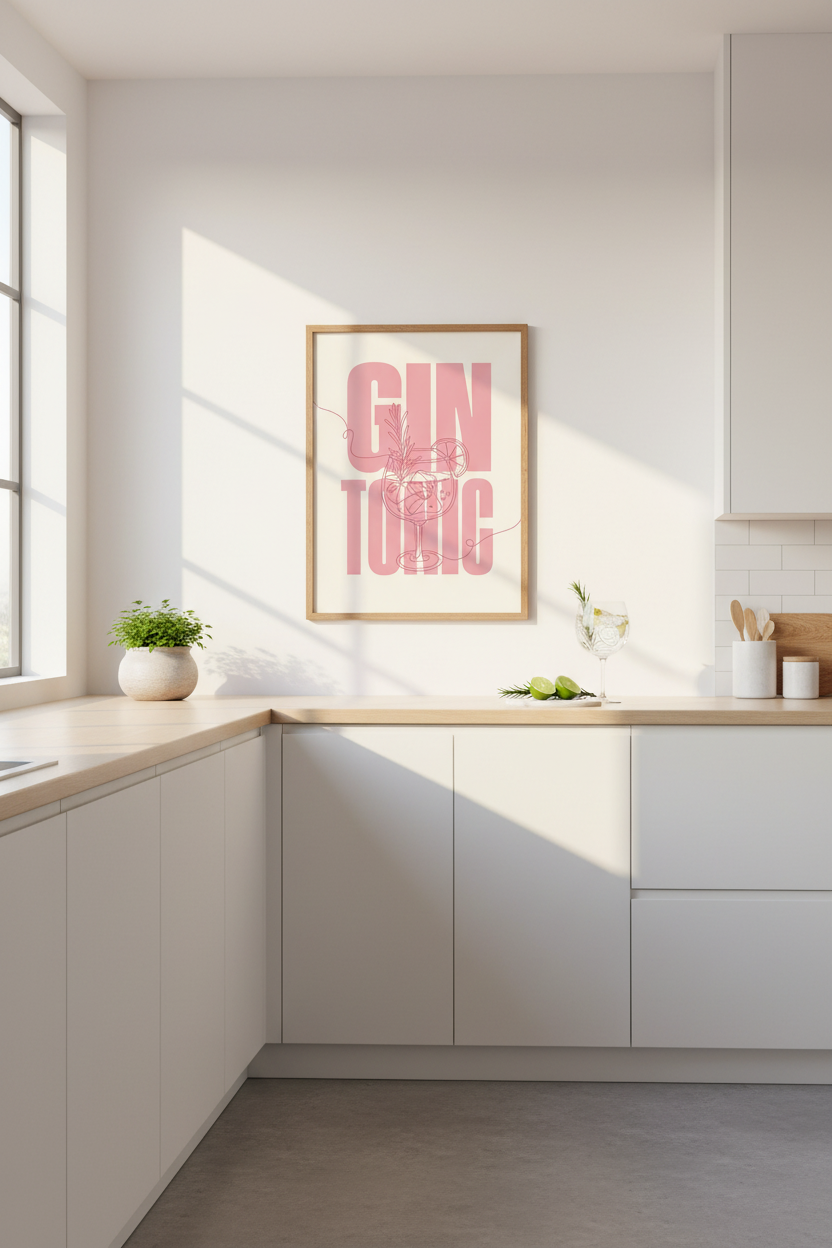 Pink Cocktail Wall Art | Gin & Tonic Poster, Kitchen Decor | Modern Aesthetic Bar Print