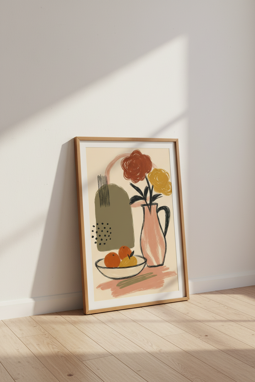 Abstract Floral Still Life Print | Boho Terracotta Wall Art | Mid Century Modern Poster