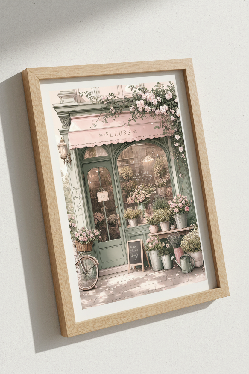 French Flower Shop Wall Art | Sage Green & Pink Pastel Decor | Paris Floral Poster