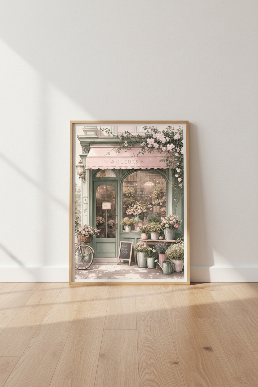 French Flower Shop Wall Art | Sage Green & Pink Pastel Decor | Paris Floral Poster