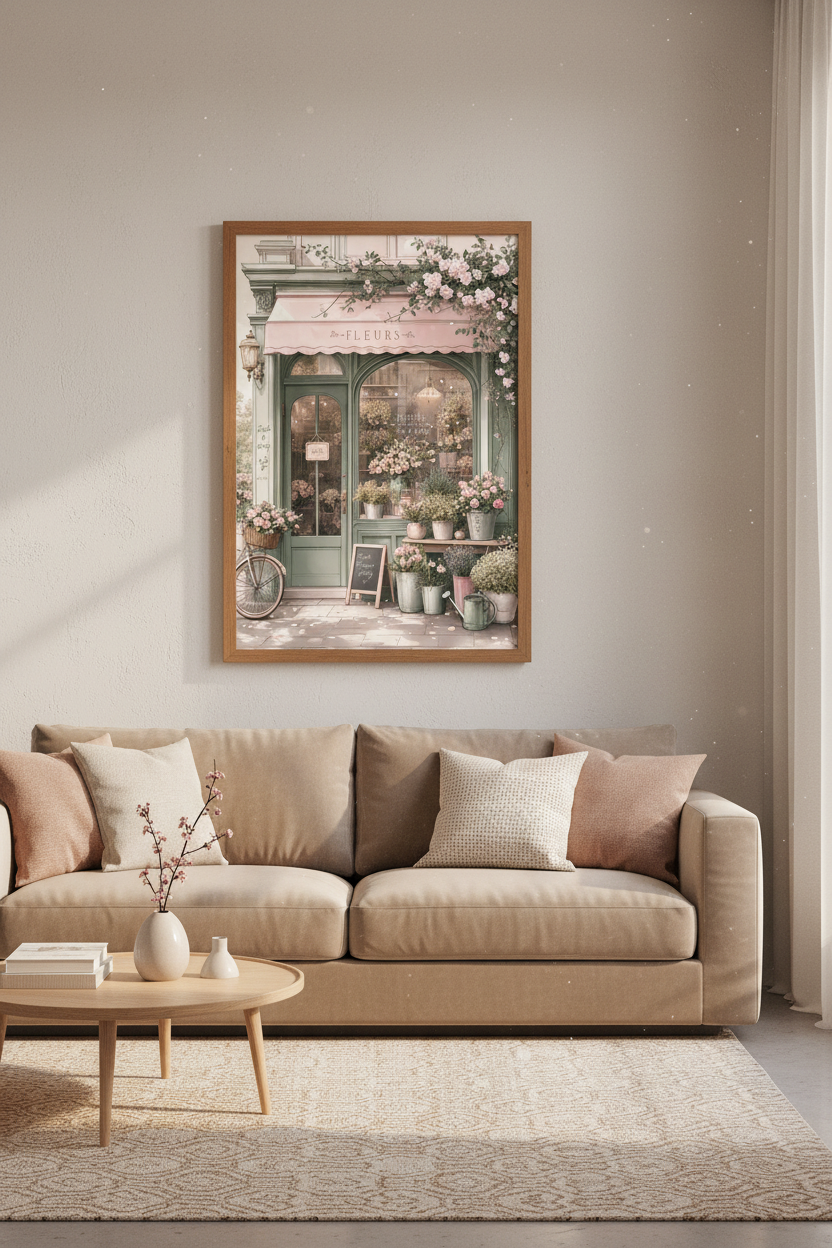 French Flower Shop Wall Art | Sage Green & Pink Pastel Decor | Paris Floral Poster