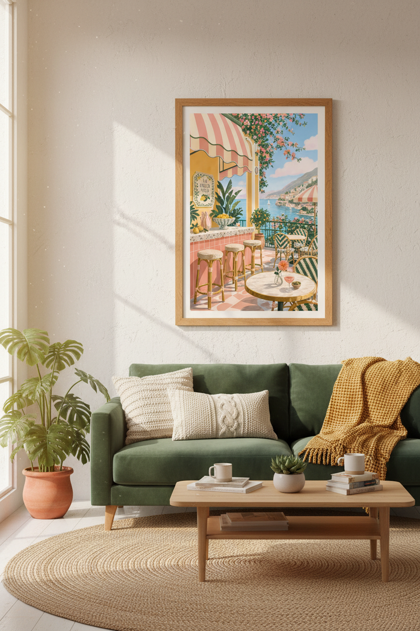 Amalfi Coast Italy Terrace Wall Art | Pastel Mediterranean Decor | La Dolce Vita Poster