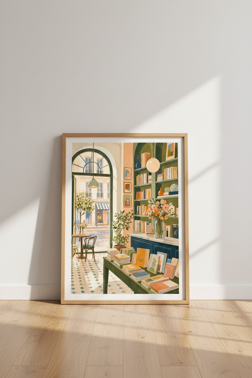 Parisian Bookstore Art Print | Sage Green Library Decor | European Aesthetic Poster