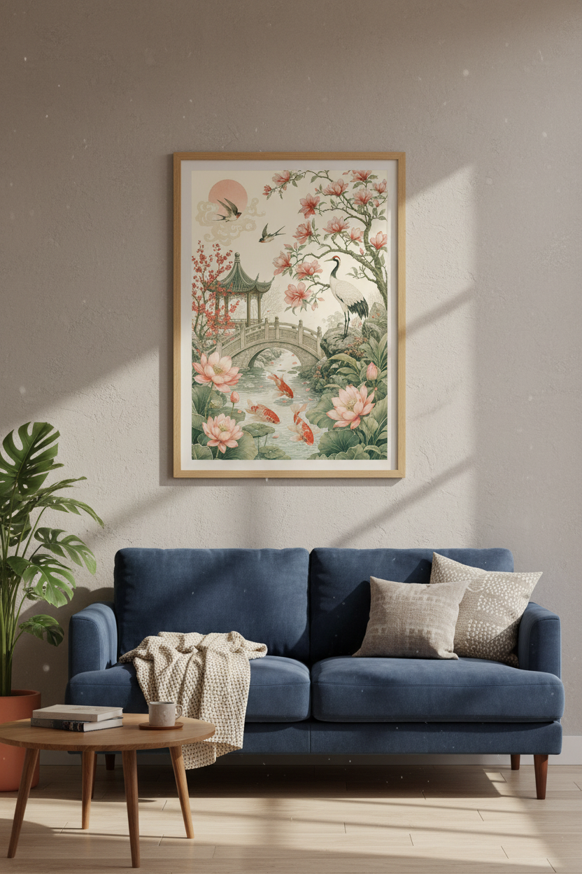 Japanese Garden Art | Koi Fish & Crane Landscape Print, Zen Chinoiserie Decor