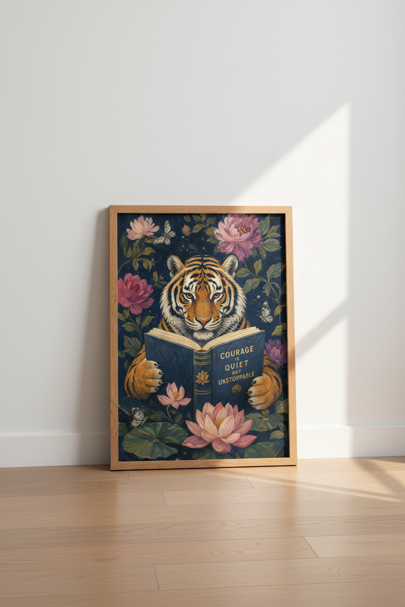Tiger Reading Wall Art Print | Dark Academia Floral Decor | Quiet Courage Poster