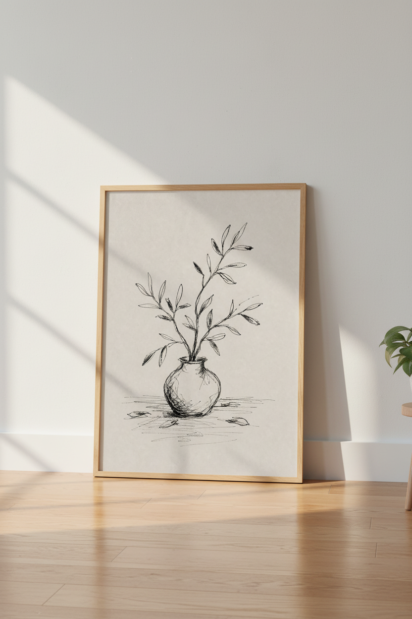 Minimalist Botanical Sketch | Ink Leaves in Vase Print, Neutral Wabi-Sabi Decor