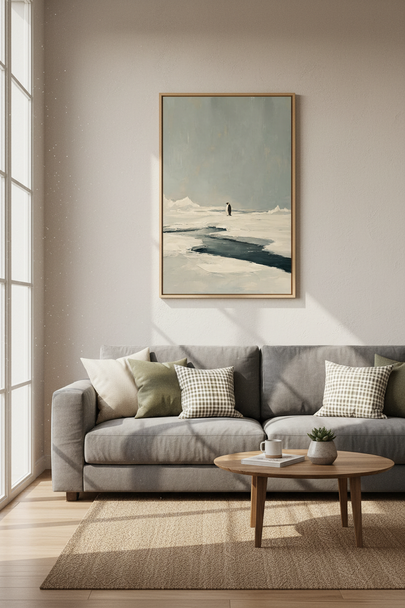Minimalist Penguin Oil Painting | Muted Grey Arctic Decor, Modern Nursery Wall Art
