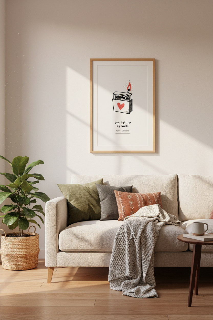 You Light Up My World Matchbox Wall Art | Valentine Heart Poster | Minimalist Love Decor